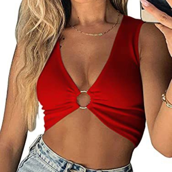 Red Sleeveless Crop Tank Top with Tie Front - Picture 1 of 3